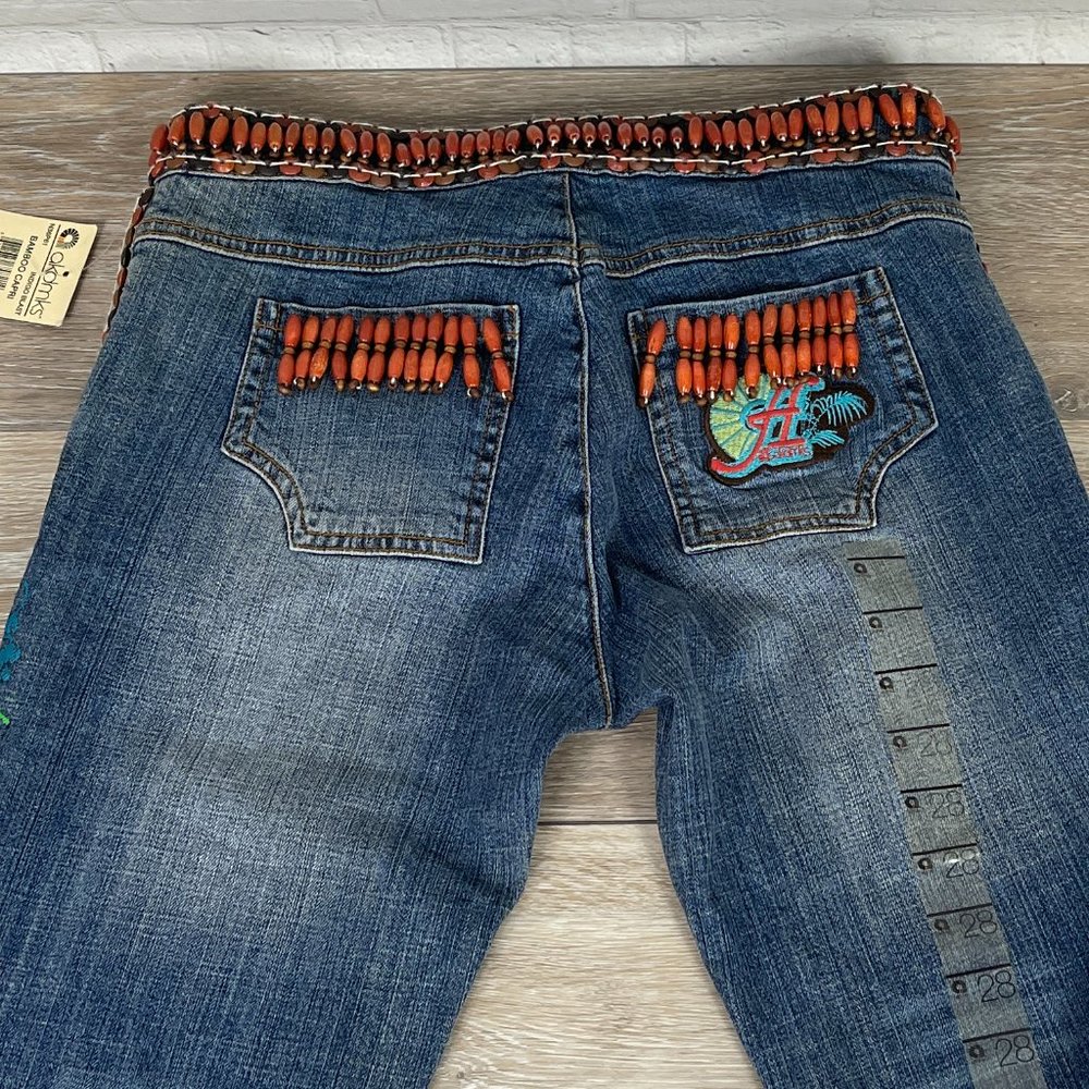 NWT AKDMKS WOMEN'S BAMBOO CAPRI BOHO HIPPIE BEADED JEANS SIZE 28 - Picture 7 of 16